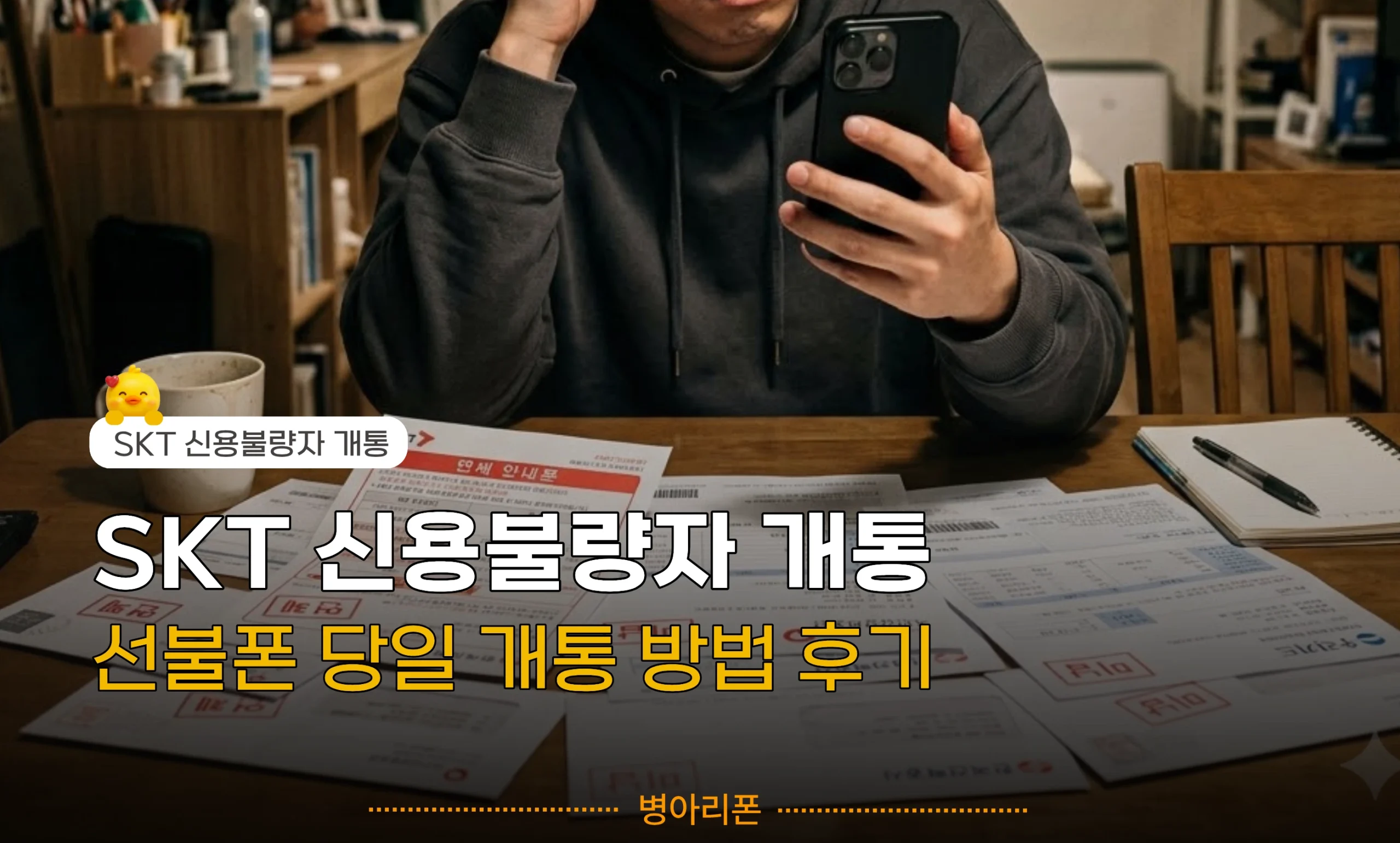 통신비 미납 고지서가 쌓인 책상 앞에서 스마트폰을 보며 고민하는 남성의 모습. SKT 신용불량자 개통 및 비대면 선불폰 당일 개통 방법 후기를 안내하는 대표 이미지.