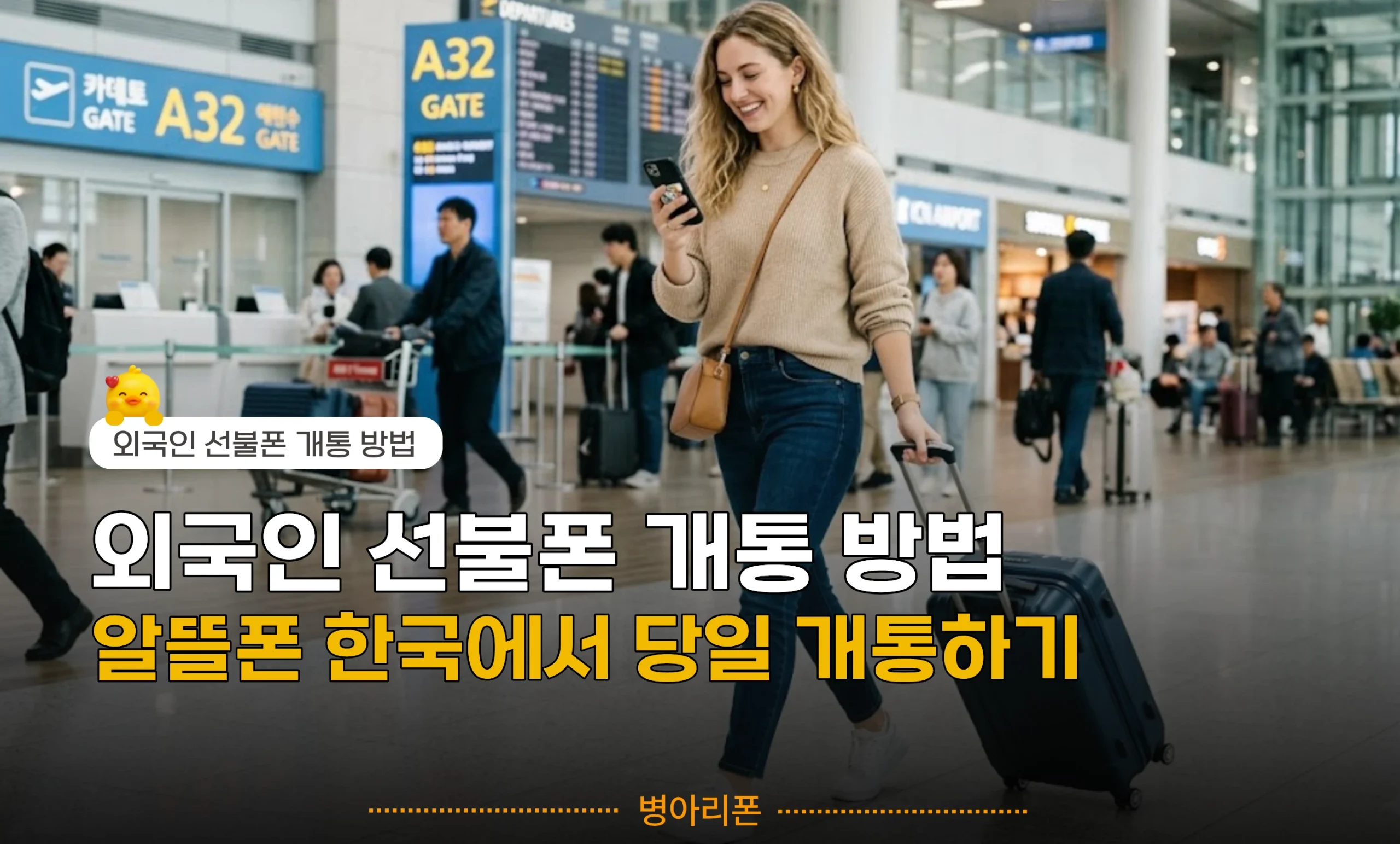 한국 공항에서 스마트폰을 확인하는 외국인 여성과 외국인 선불폰 당일 개통 방법 안내 텍스트가 포함된 대표 이미지