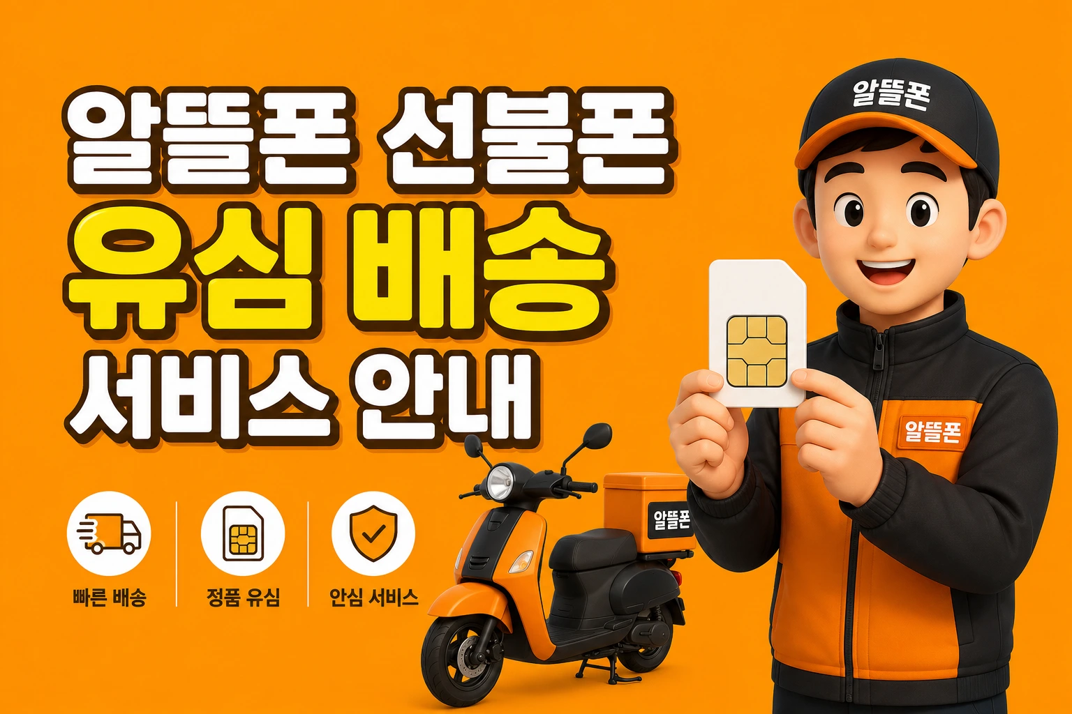 알뜰폰 선불폰 유심배송 서비스 안내 - 배달기사 캐릭터와 유심칩
