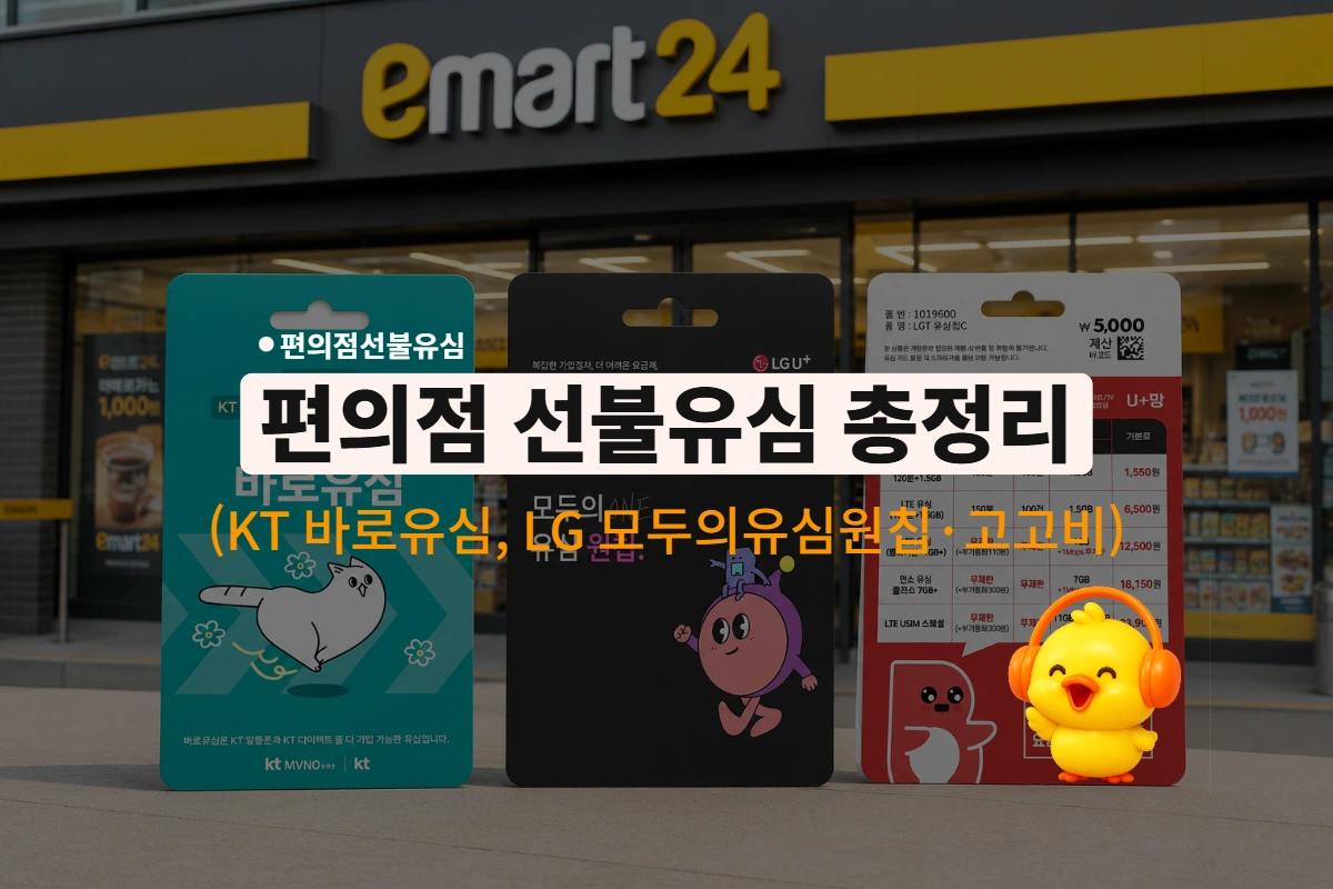 편의점에서 구매할 수 있는 3종 KT 바로유심과 모두의 원칩 선불유심의 종류, 가격, 판매처 안내.