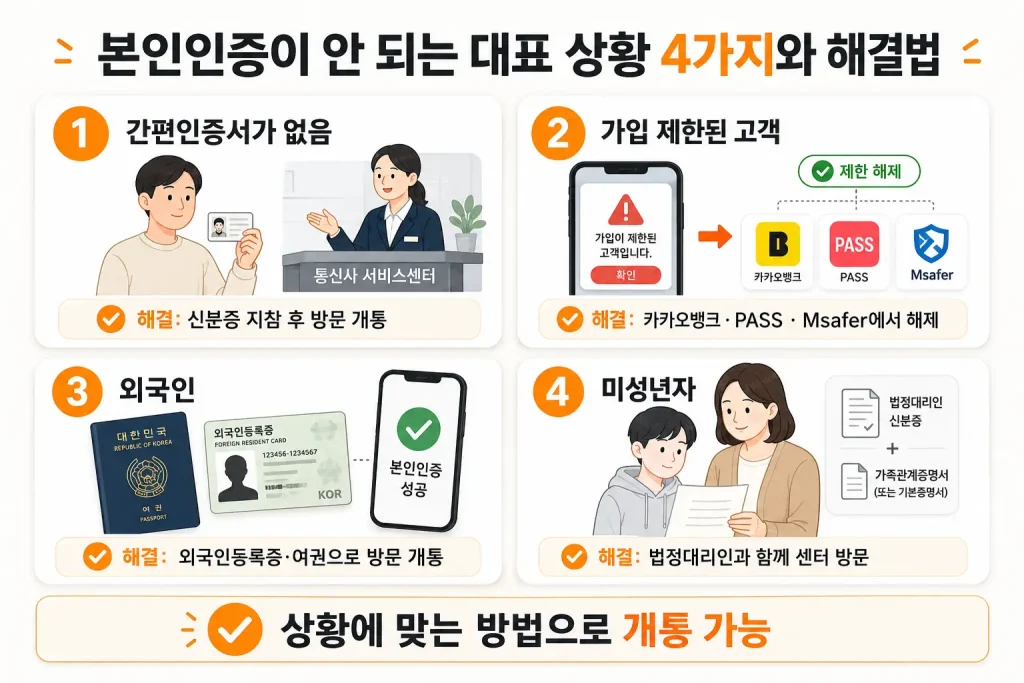 본인인증이 안 되는 4가지 대표 상황과 해결법을 정리한 안내 이미지