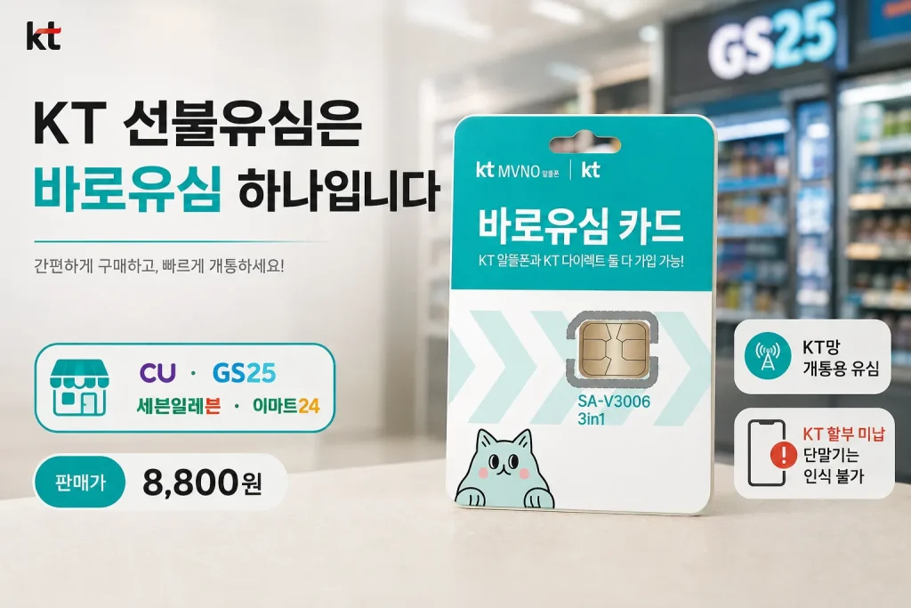KT 선불유심은 바로유심 하나라는 내용을 안내하는 이미지. 편의점에서 구매 가능한 KT 바로유심 카드와 가격 8,800원, CU·GS25·세븐일레븐·이마트24 판매처, KT 할부 미납 단말기 인식 불가 안내가 포함되어 있다.