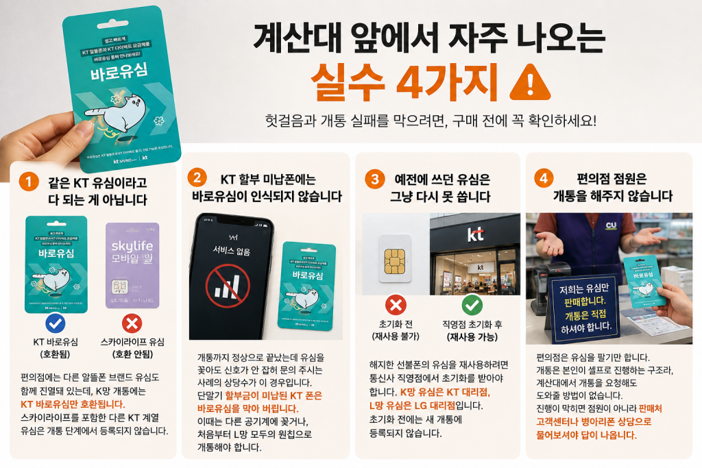 편의점에서 KT 바로유심 구매 시 주의해야 할 실수 4가지와 셀프개통 안내