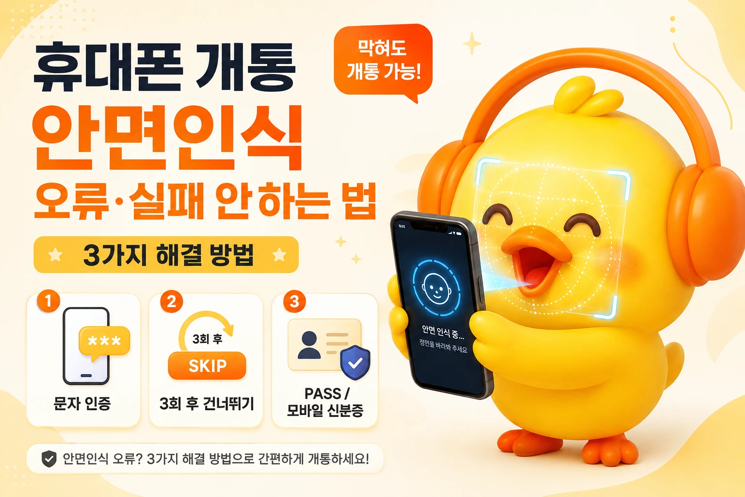 휴대폰 개통 안면인식을 시도하는 병아리 캐릭터와 문자 인증, 3회 후 건너뛰기, PASS 모바일 신분증 해결 방법 안내