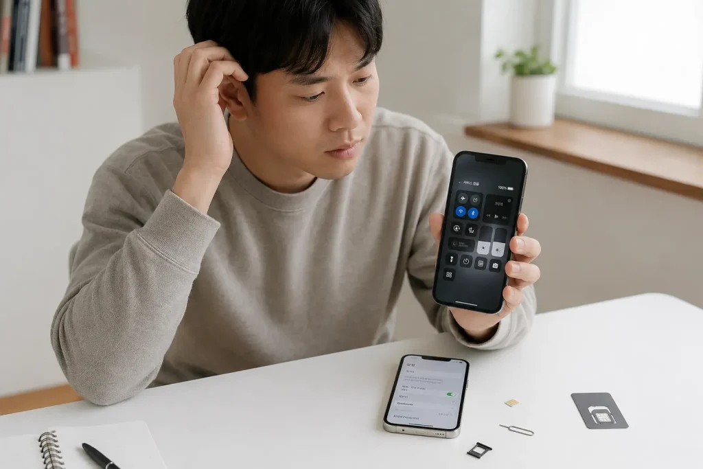휴대폰 개통 후 신호가 잡히지 않아 다른 단말기와 유심, 네트워크 설정을 확인하는 모습