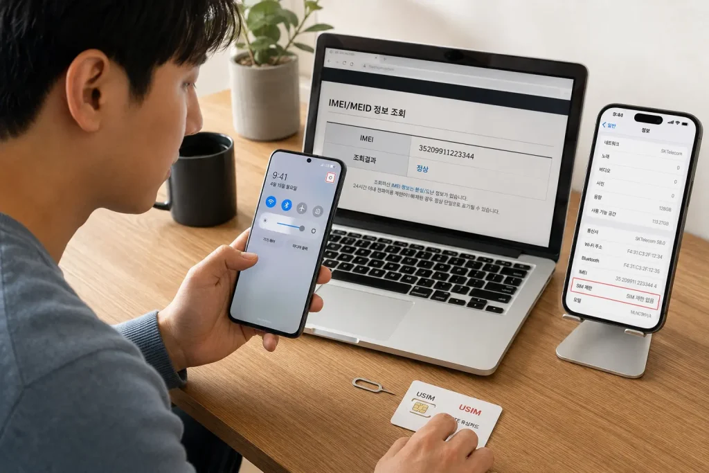 자급제폰 개통 전 LTE 지원 여부와 IMEI 도난·분실 이력, 컨트리락 해제 상태를 확인하는 모습