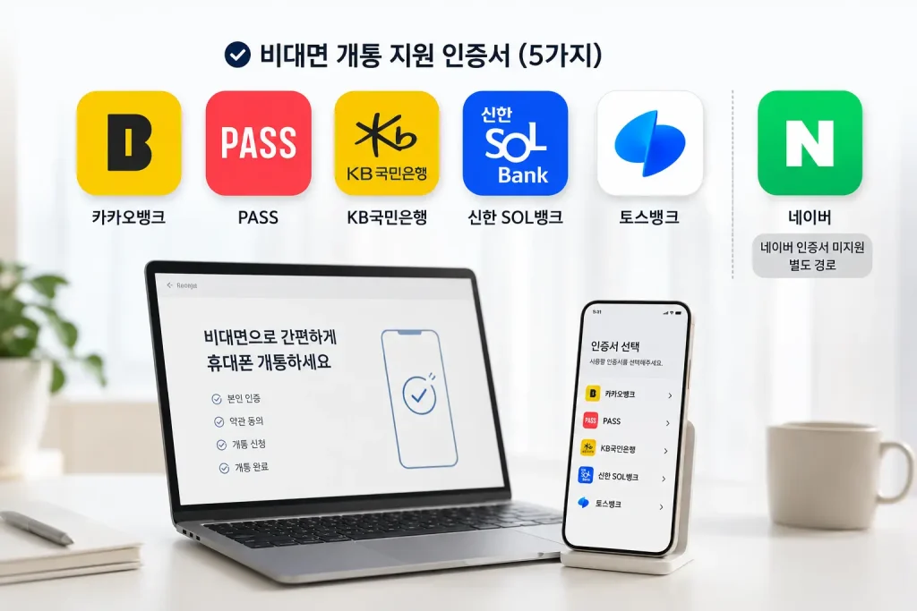 비대면 선불폰 개통에 지원되는 카카오뱅크·PASS·KB국민은행·신한은행·토스뱅크 인증서와 네이버 인증서 미지원 안내