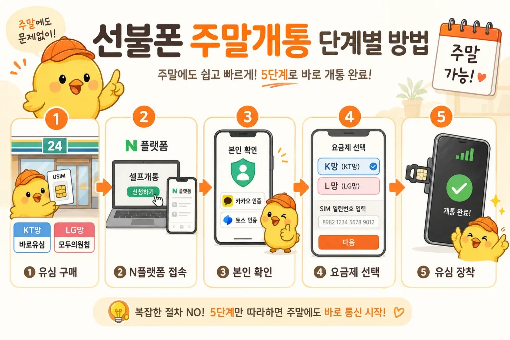 병아리 캐릭터가 안내하는 선불폰 주말개통 5단계 — 유심 구매, N플랫폼 접속, 본인 확인, 요금제 선택, 유심 장착