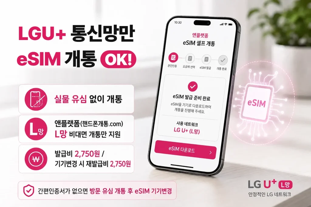 LGU+ 통신망만 eSIM 개통 가능 — LG 선불폰 L망 eSIM 셀프개통 방법과 발급비, 재발급비 안내